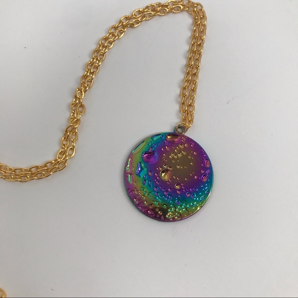 Iridescent Oil Slick Moon Pendent Necklace LONG! - Picture 4 of 6